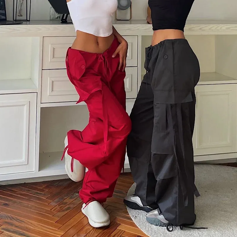 y2k parachute cargo flare pants 鬼フレア Oversized Low Waist Wide Leg Trousers: Y2K Style Cargo