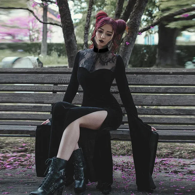 Womens Gothic Dress Long Sleeve Witch Costume Set Polyester Black for  Halloween Party from Dhgate Theme Costume - price 81.14
