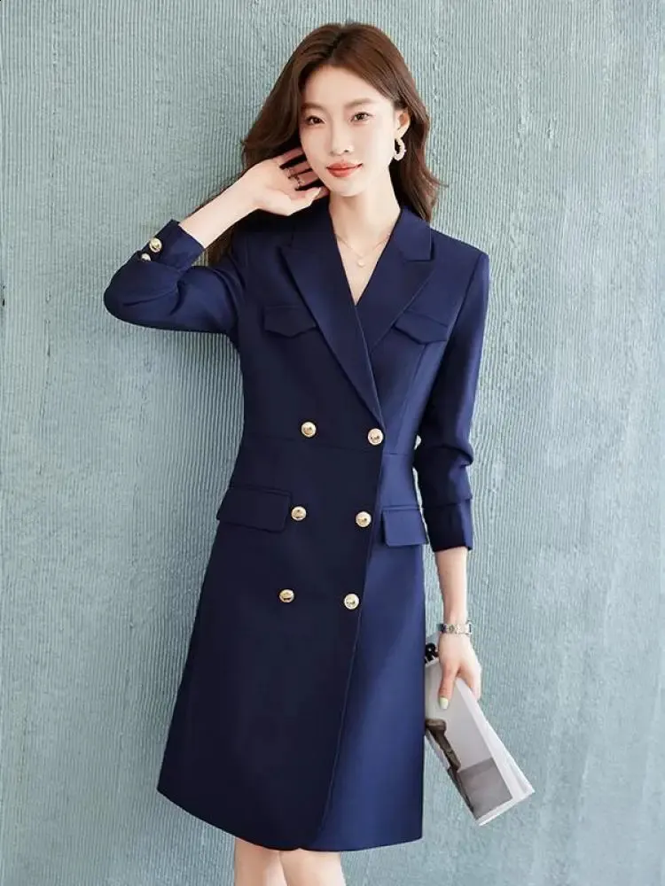 Black Blue Blazer Dress Elegant Pleated Midi Work Dress For Women