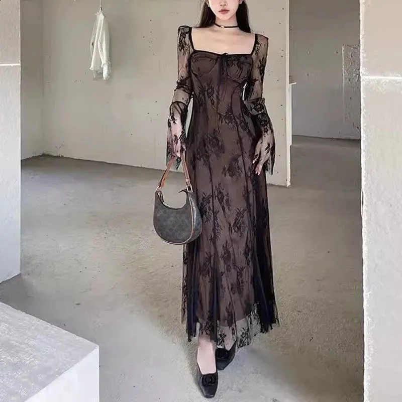 Summer Lace Midi Lace Midi Dress for Women - Slim Fit, Long Sleeve, Lacing, Corset Fishtail Skirt