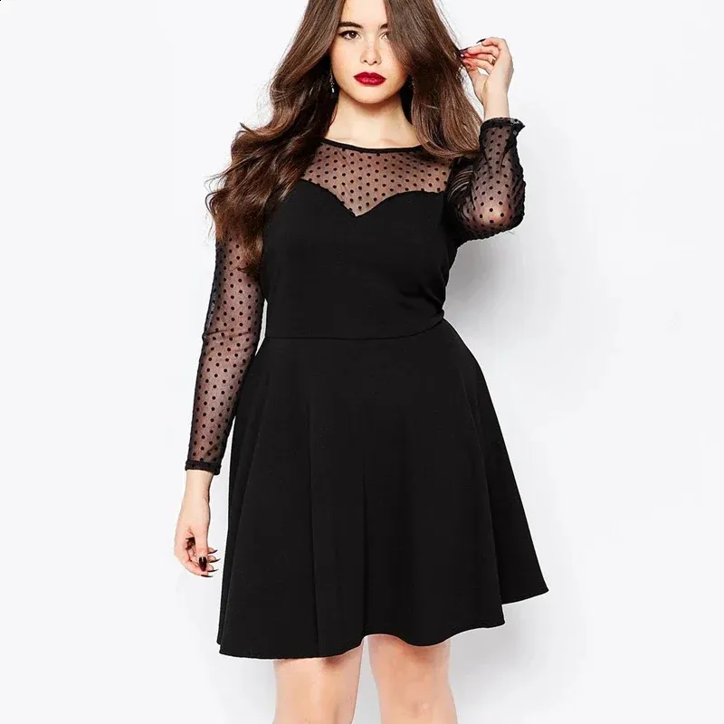 Elegant Dot Print A-line Plus Size Black dress for Plus Size Women - Long Sleeve, Knee Length, Perfect for Spring and Autumn Office Parties - 6XL ( Elegant Dot Print A-line Plus Size Black dress for Plus Size Women - Long Sleeve, Knee Length, Perfect for Spring and Autumn Office Parties - 6XL (