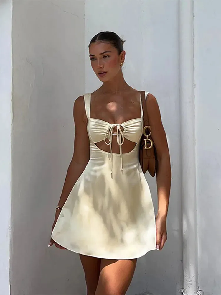 Sexy Hollow Out Sleeveless Sling dress with Fashionable Chest Wrap and Lace-Up Mini A-line