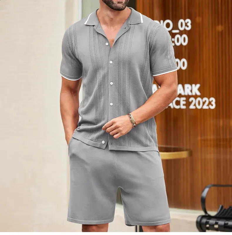 Summer Mens Knit Tracksuit Set Short Sleeve Solid Color Shirt
