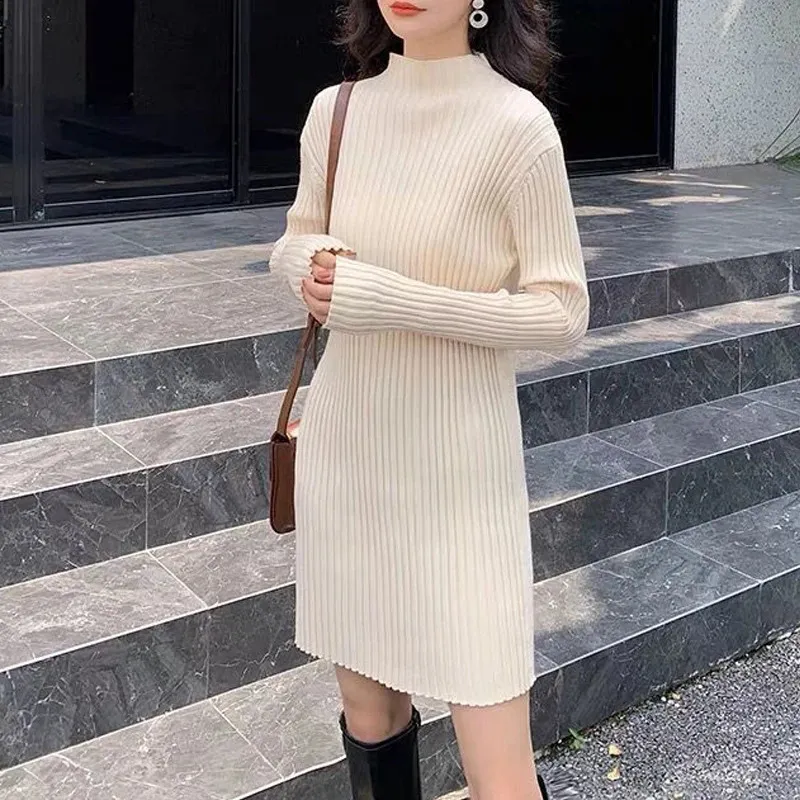 Simple Half High Collar Ribbed Knitted Midi Dress for Women - Autumn/Winter Casual Slim Fit pullover (240822)