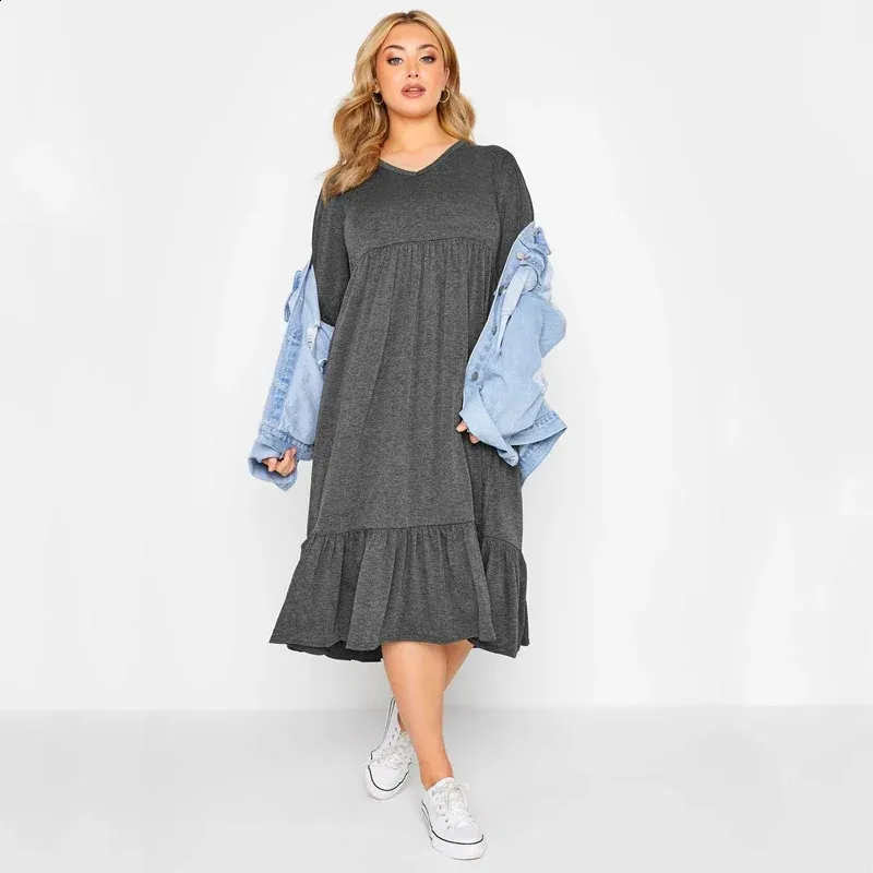 Elegant Tiered Smock Plus Size Sweater Dress For Plus Size Women Long Sleeve Loose Fit V Neck Midi Length Perfect For Spring And Autumn Available In 6XL And 7XL 240822 From Mysticastore