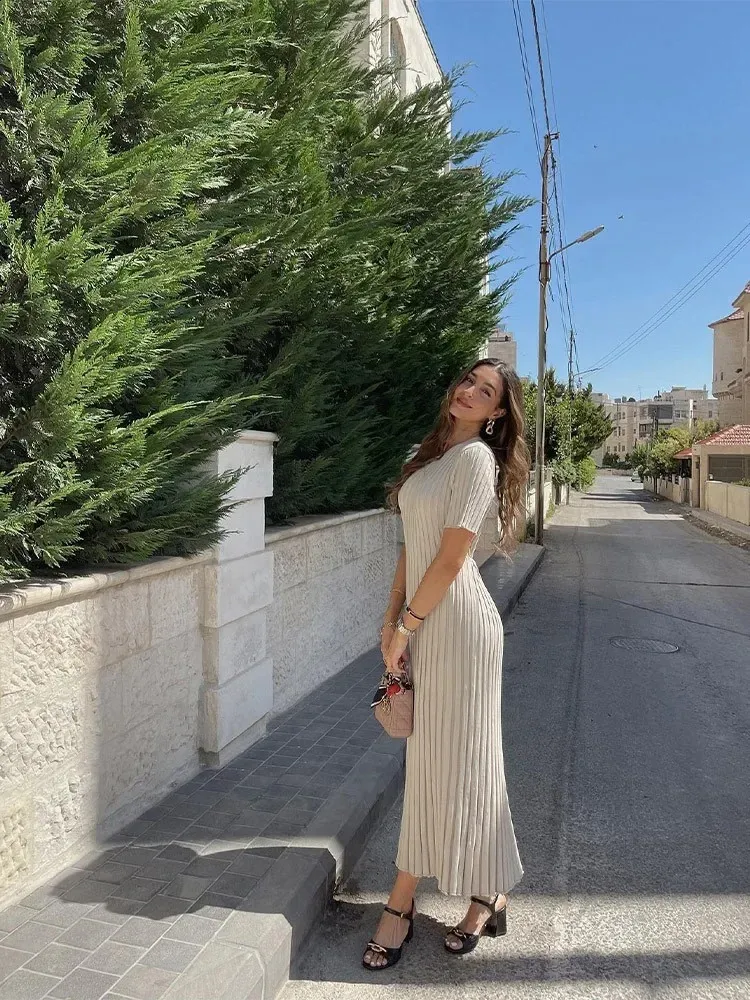 Ribbed Knit Maxi Dress Elegant O Neck Short Sleeve Pleated