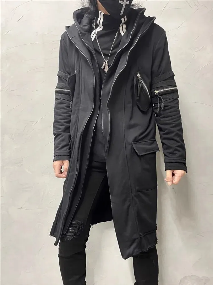 Gothic Black Medium Length Hooded Trench Men Japanese Style