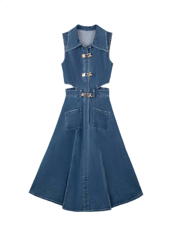 Trendy Women's Waist Hollow Out Split Sleeveless denim maxi Dress with Lapel - Autumn Fashion Single Breasted Sleeveless Dress (33A1612 240822)