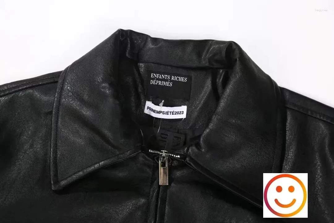Mens Designer Leather Jacket - Black & Red Embroidered Logo