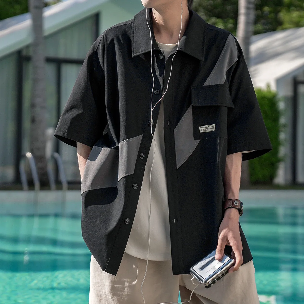トップス LACE COMBI HALF SLEEVE JACKET SHIRT Summer Cityboy Loose Casual shirt with t shirt with Splicing