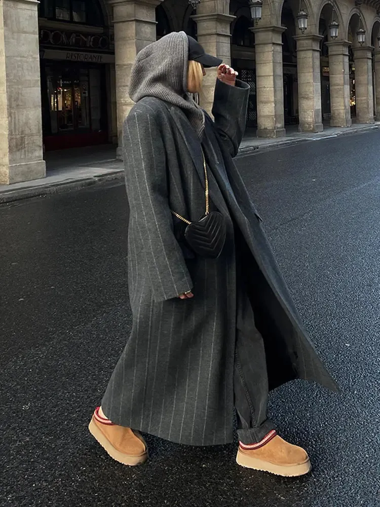 Fashion Dark Grey Stripe Woolen Lapel Overcoats Women From