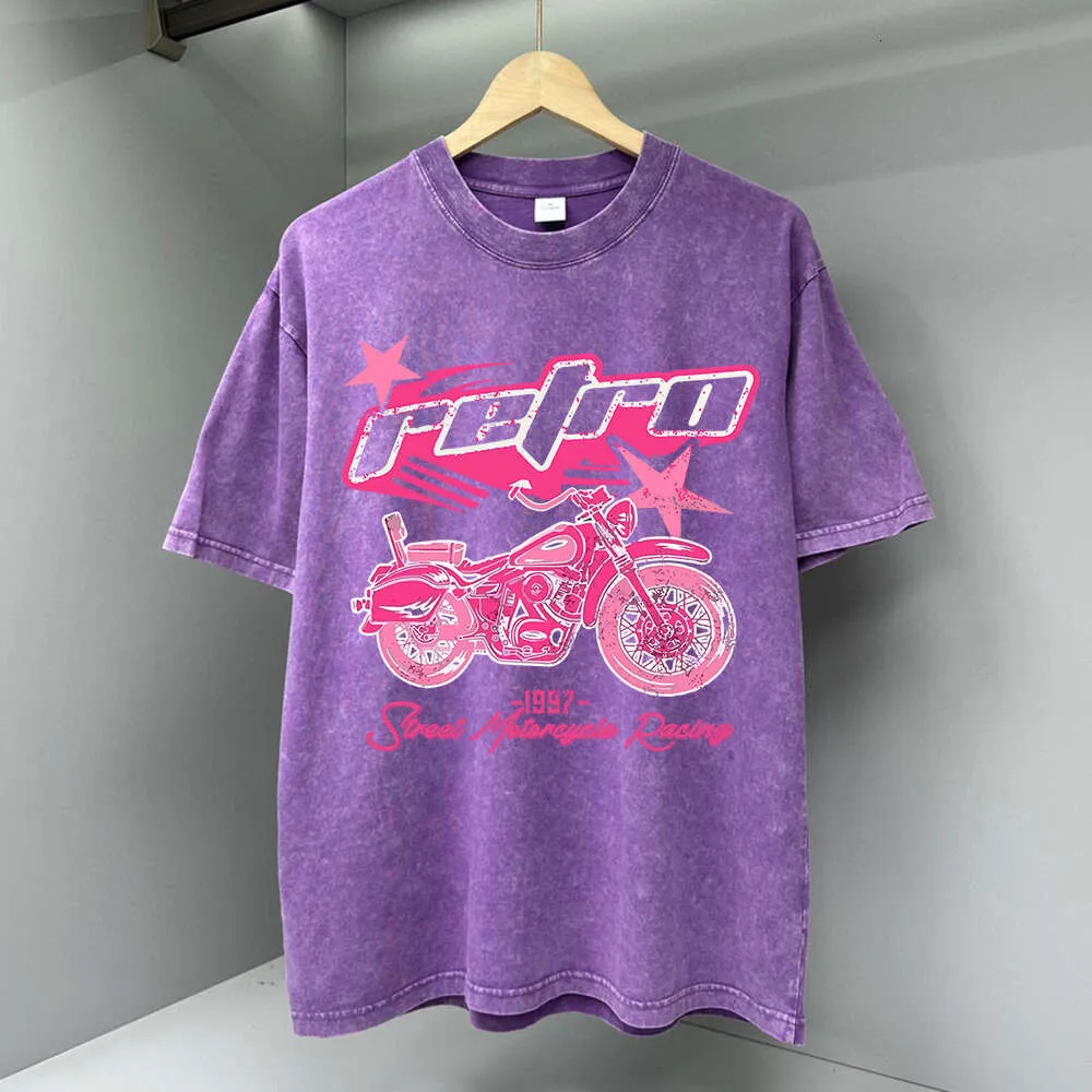 Tシャツ・カットソー Luxury Street Wear washed vintage sky pink be unisexual Y2K Pink Retro Motorcycle Street Print Men's xxxl t