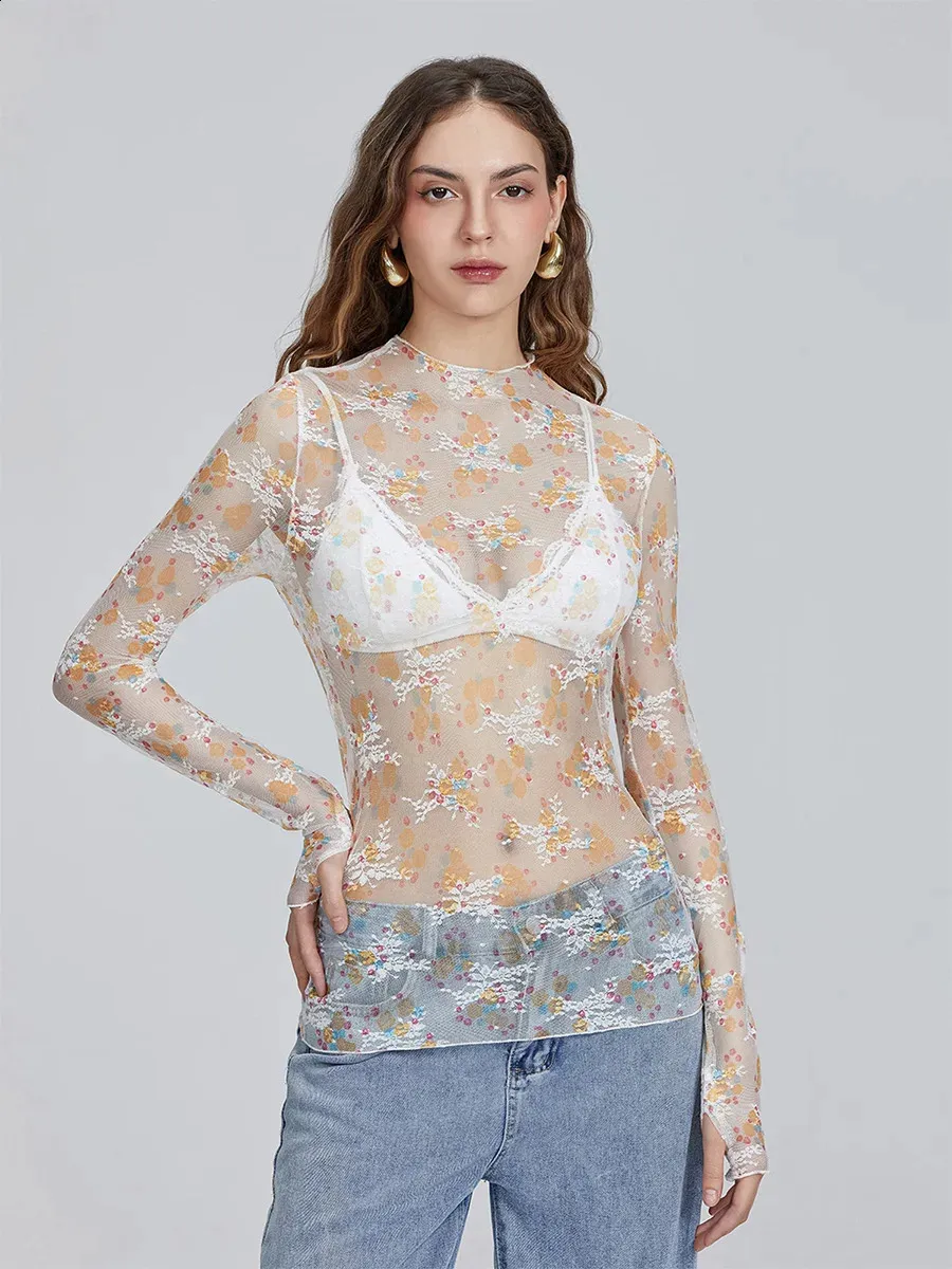 トップス SHEER FLOWER LACE SHIRTS Women's Long Sleeve Lace Mesh Tops Crew Neck Sheer Floral