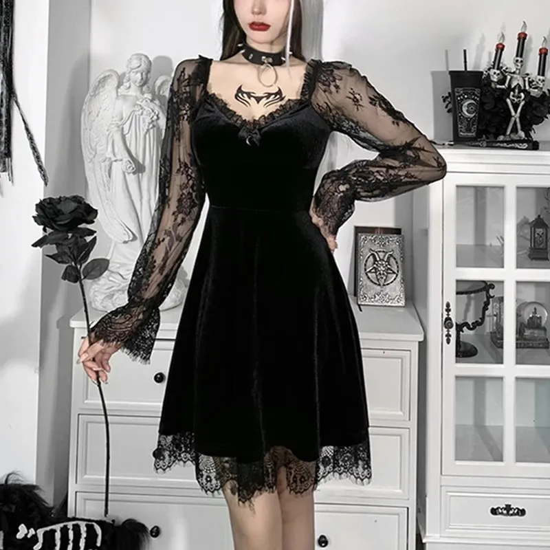 Black Velvet Lace Overlay A Line Dress  Gothic... From Domainstore, $14.35  In Bulk | DHgate.Com