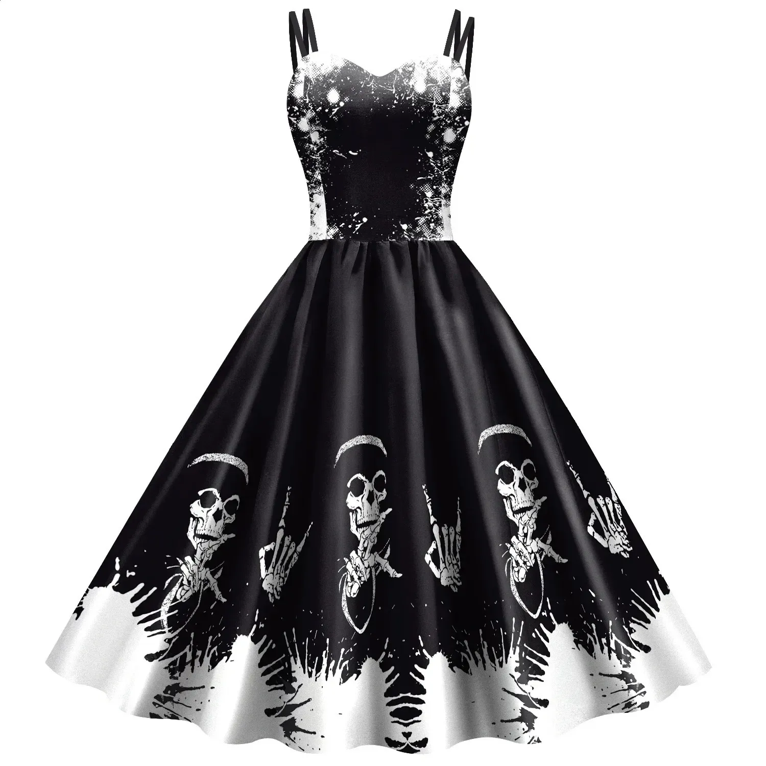 Freestyle Halloween gothic dress with Skeleton and Print for Girls - Perfect for Carnival, Parties, Rockabilly and Christmas Horror (Style 241030)