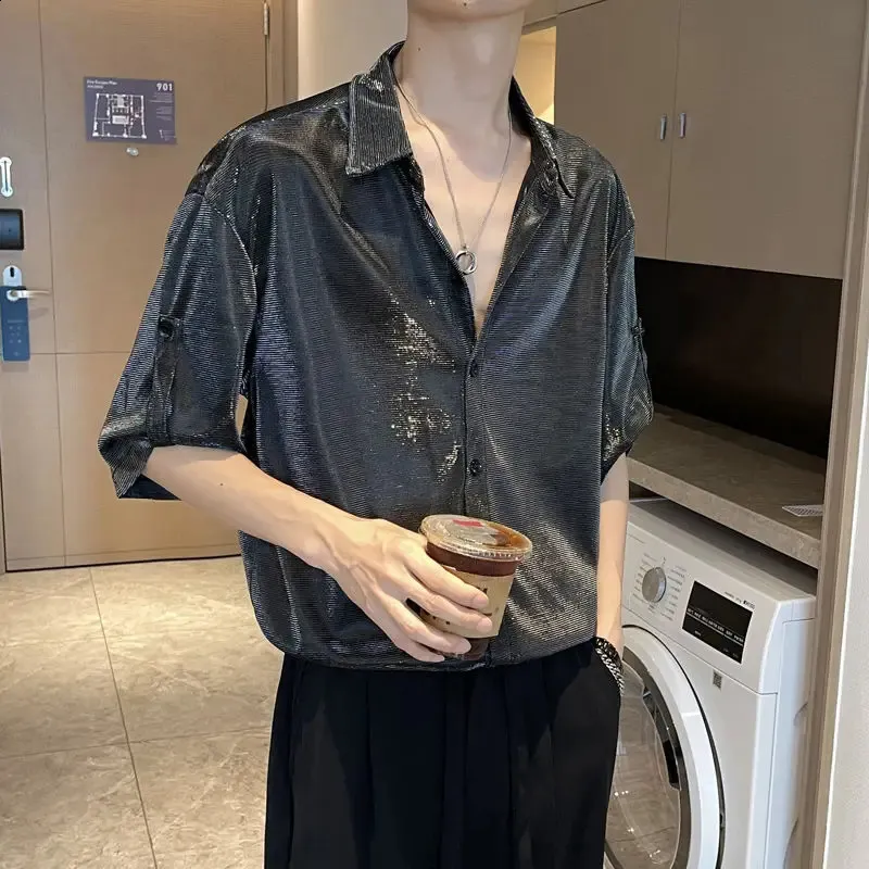 Shirts For Men Silk Plain Man Shirt Green Half Sleeve Cool Cotton