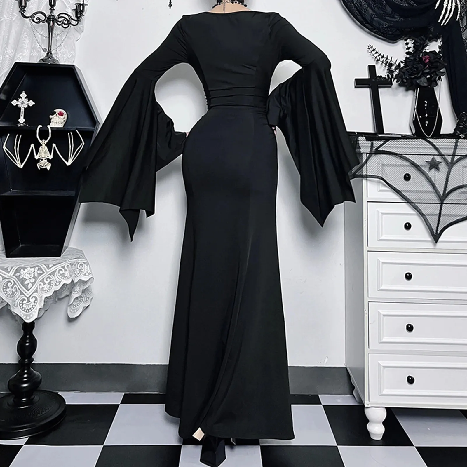 Morticia Addams Dress Gothic Womens V Neck Long Dress... From 20,41  |  DHgate