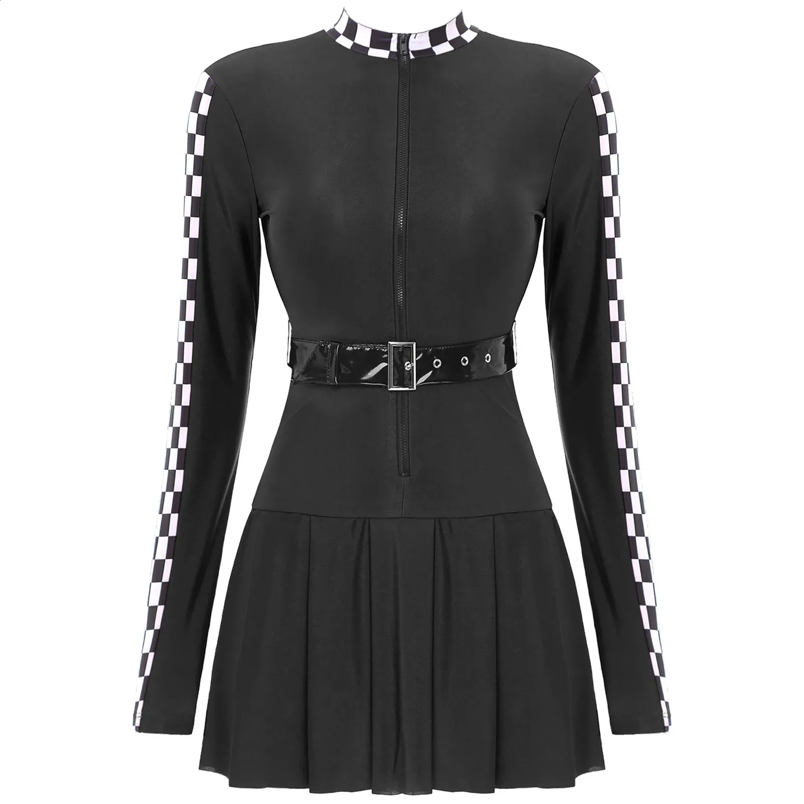 Women's Checkered Racing Dress with Long Sleeves, Zippered Pleats ...