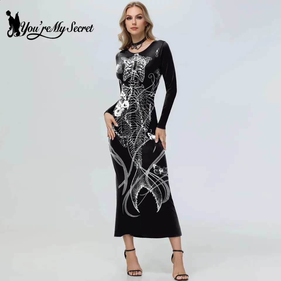 Skeleton costume maxi dress womens Gothic long sleeved slim body party dress  spandex latex from Dhgate Theme Costume - price 55.58