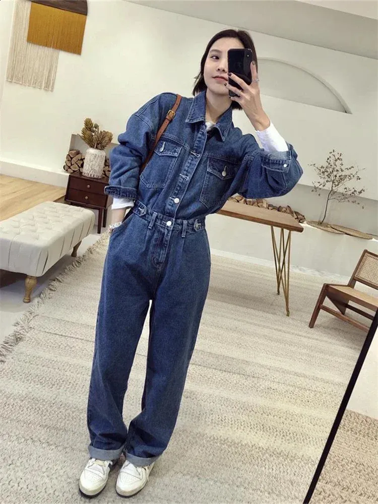 Denim Jumpsuit for Women Long Sleeved Polo Collar Blue Jeans One Piece Trousers