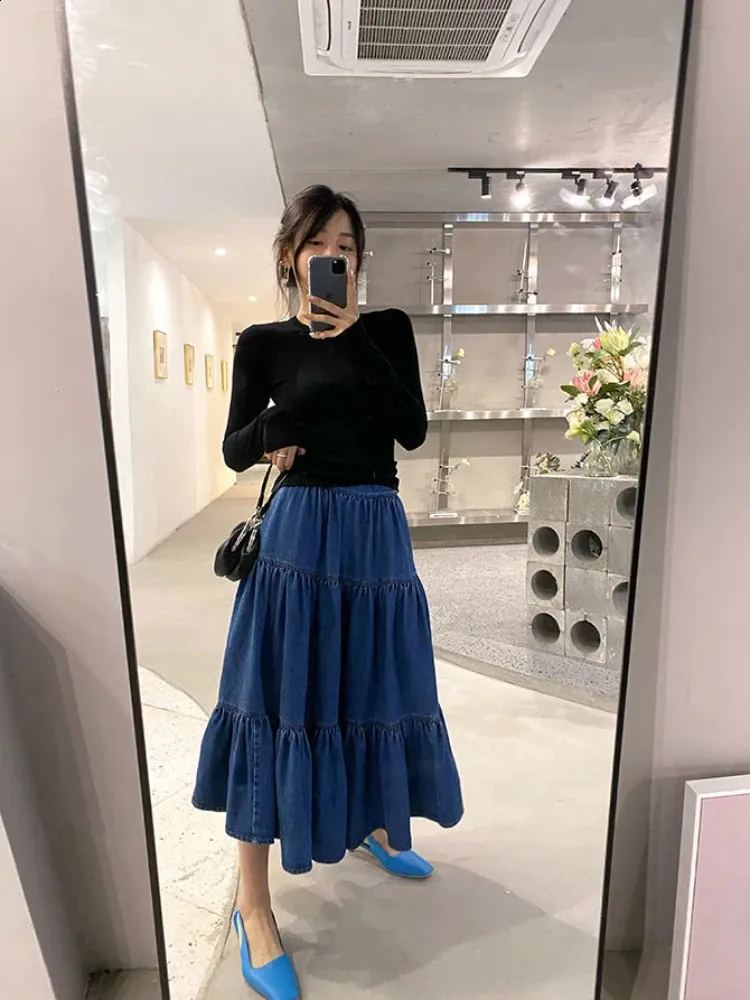 【BAON】Kansoy Denim Long Skirt Kwunbwa Women's High Waisted Maxi Denim Skirt Front Slit A
