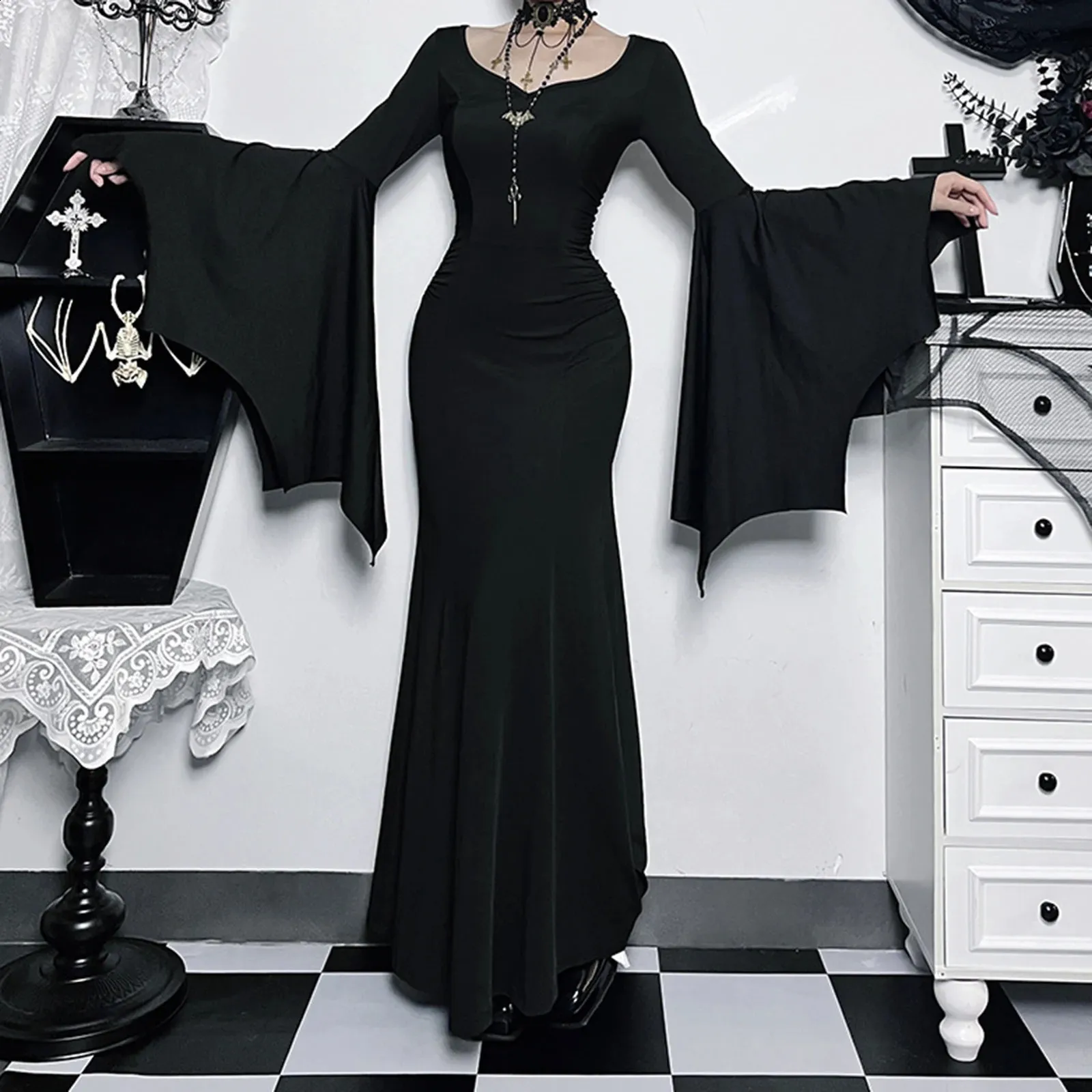 Gothic V-Neck Long Dress: Elegant Batwing Sleeves, Ultra-Thin