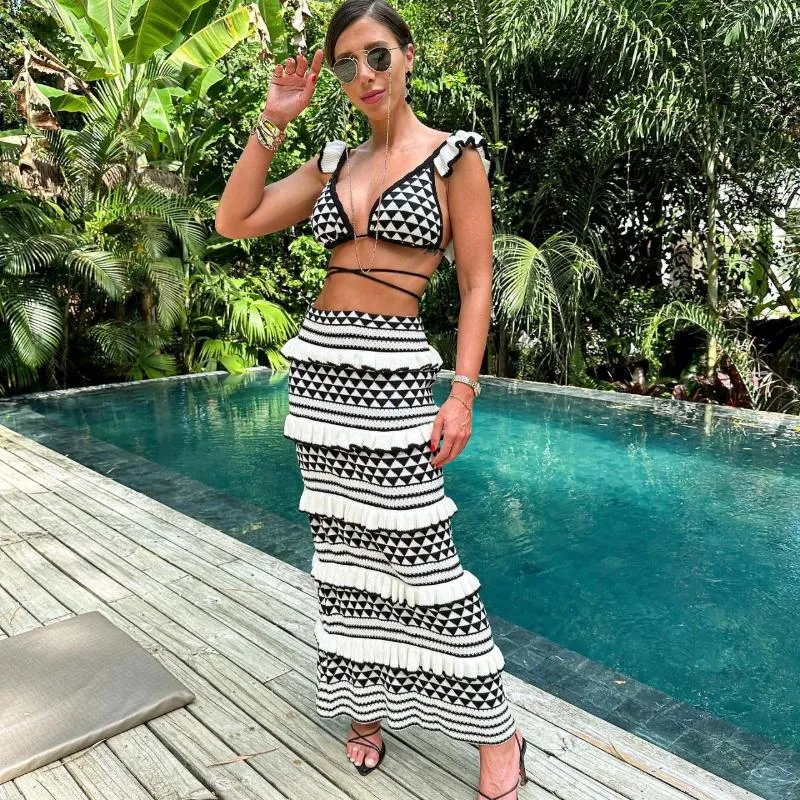 Work Dresses Striped Knitted Beach Ruffles Skirt Suits Women Sexy Backless Bra Slim Bohemian Fashion Vacation 2 Piece Dress Set Outfits