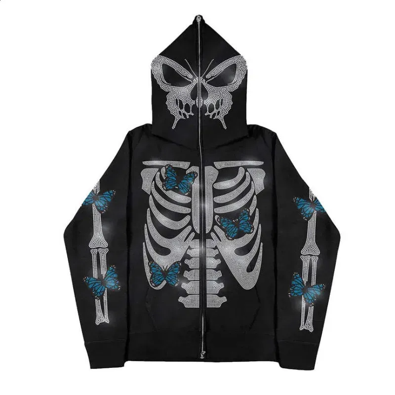 Y2K Mens Hooded Acetate Hoodie with 3D Rhinestone Decoration