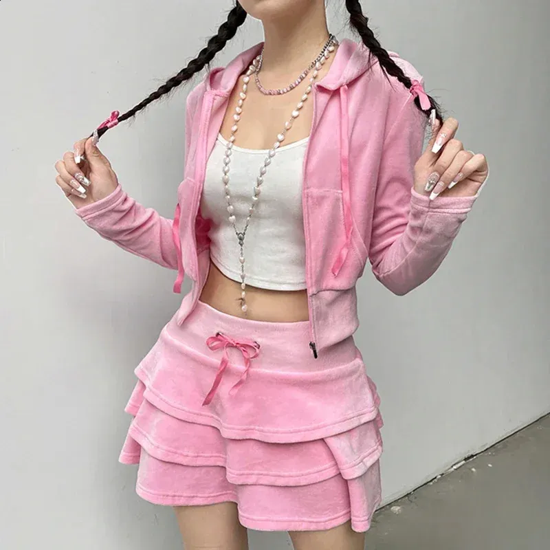 Pink Hoodie & Tiered Mini Skirt Set - Korean Style Y2K