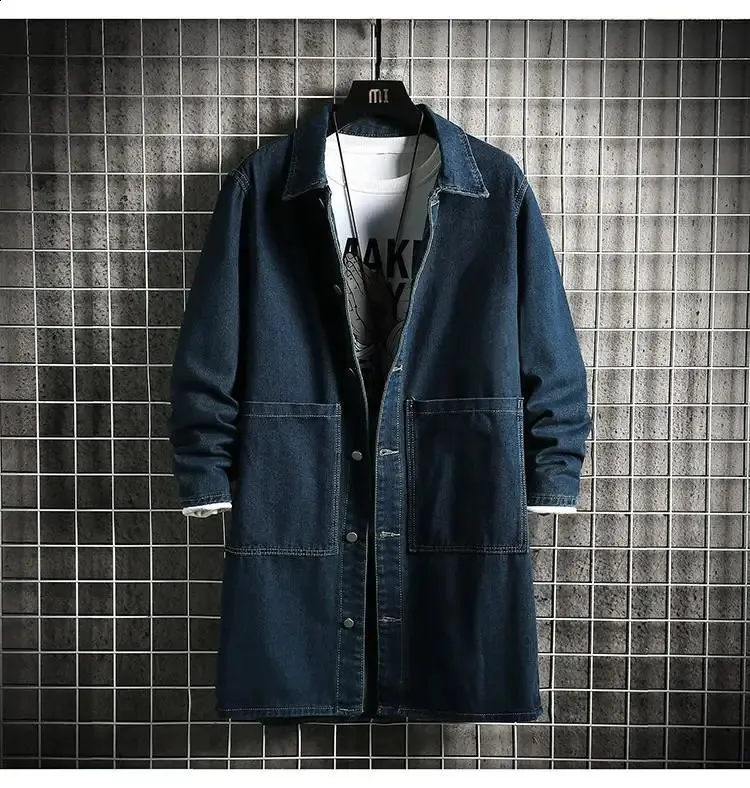Mens Single-Breasted Denim Trench Coat Slim Fit Animal Print
