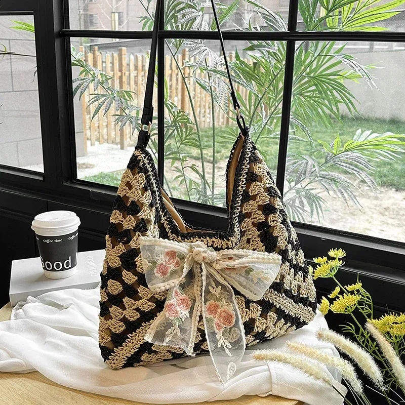 Large Straw Tote Bag PU Shoulder Handbag with Zipper Closure for Casual ...