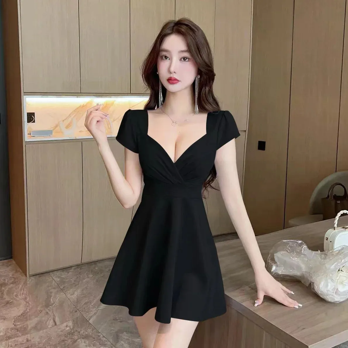 Women's Knit Sheath Dress - Sexy Casual Mini Dress with V-Neck and Chest Button, Short Sleeves, Perfect for Summer and Fall - Bodycon Style (240822)