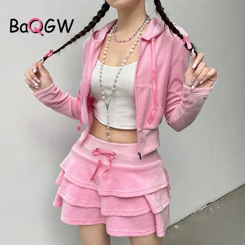 Pink Hoodie & Tiered Mini Skirt Set - Korean Style Y2K