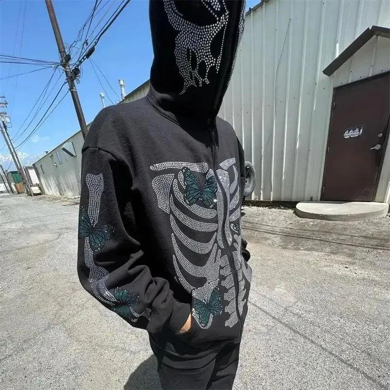 Rhinestone Skull Hoodie: Y2K Grunge Mens Gothic Sweatshirt