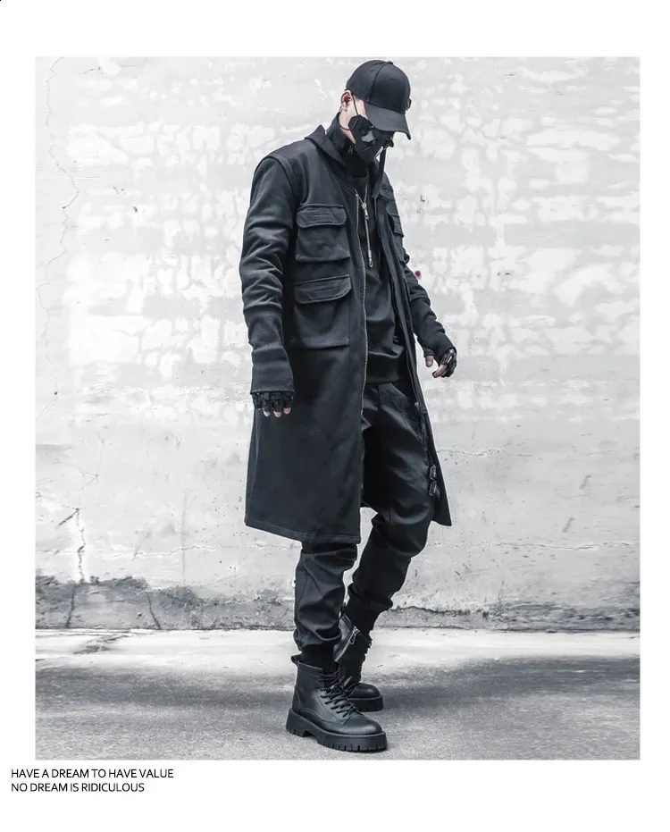 Multi-Pocket Techwear Trench Coat - Urban Style Cargo Jacket