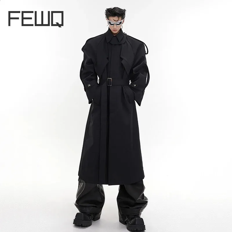 未使用　Solid high neck drape coat POFF FEWQ Mens Long Overcoat Shoulder Pad Windbreaker Streetwear