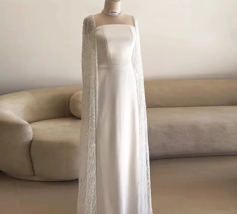 White Satin A-Line Evening Dress with Square Neckline and Cape Sleeves for  Women, Empire Waist, Sweep Train, Built-in Bra, Fall Winter Collection from  Dhgate Evening Dresses - price 295.45