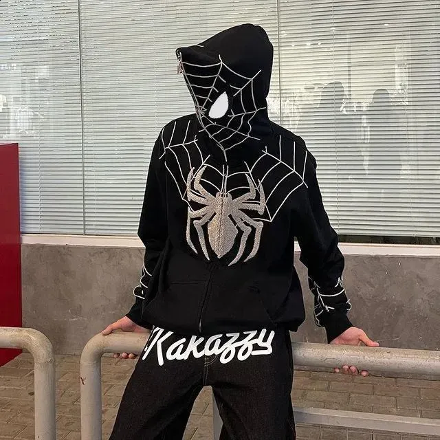 Felpa Con Cappuccio Donna Stampa Spider Web - Stile Y2K Grunge, Gotico, Streetwear, Oversize, In Poliestere E Cotone