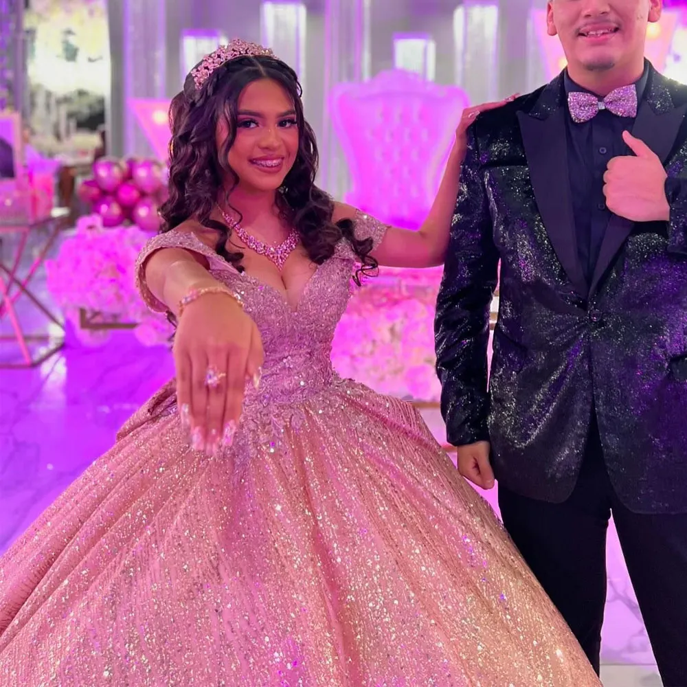 Off Shoulder Sleeveless Beaded Gold Appliques Hot Pink Sweet 15 Quinceañera Dress WQ1727