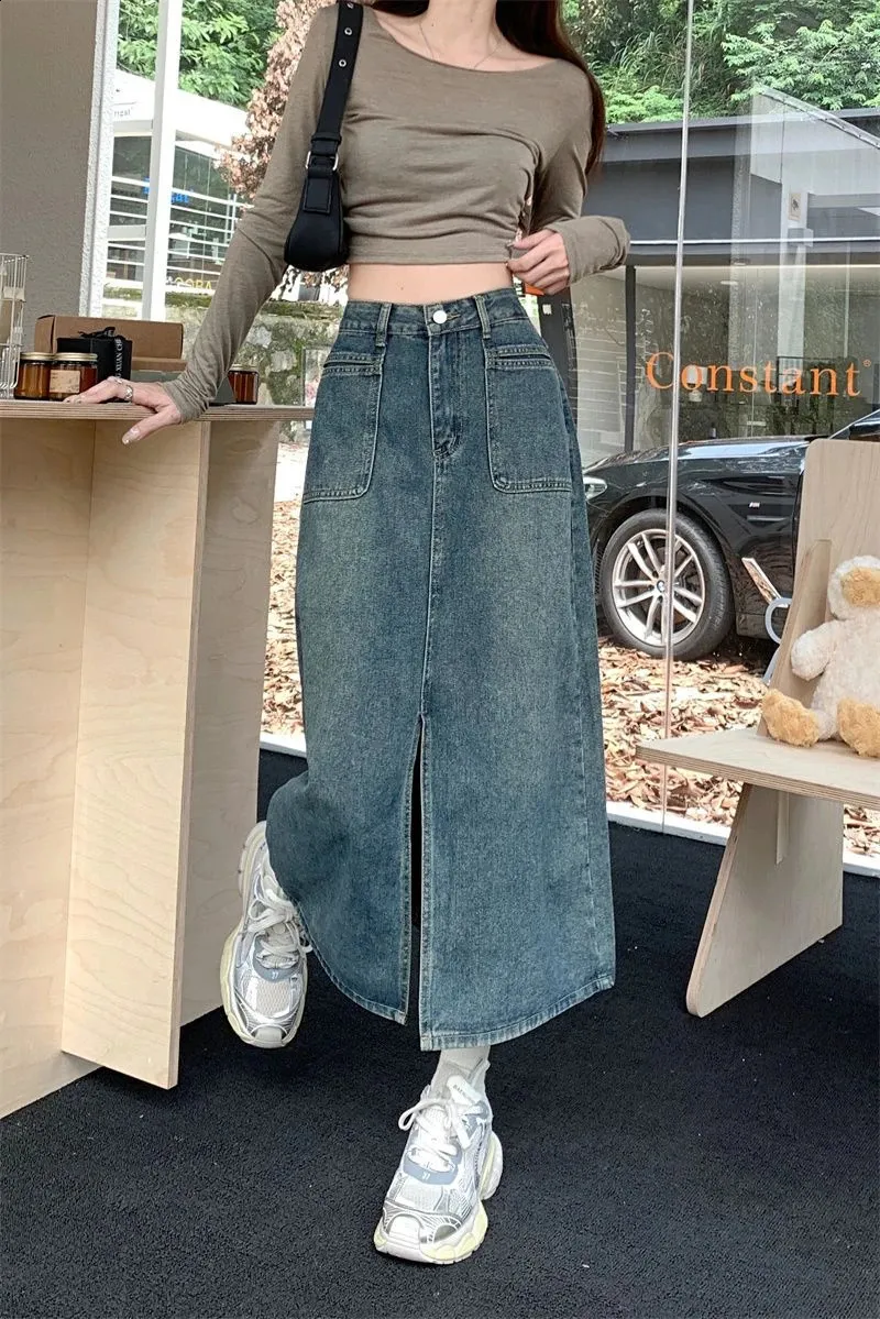 Long Denim Skirt: High Waist, Retro Y2K Style - Shop Now