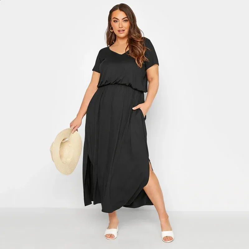 Plus Size V Neck Elegant Summer Casual Dress Short Sleeve Elastic