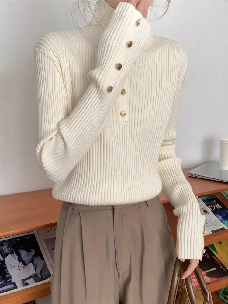 High Neck Metal Button Sweater WomenS Autumn And Winter Korean
