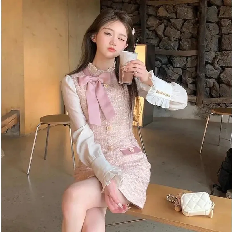 Mini Dress Korea: Elegant Womens Pink Tweed Dress With Mini Dress Korea: Elegant Womens Pink Tweed Dress With