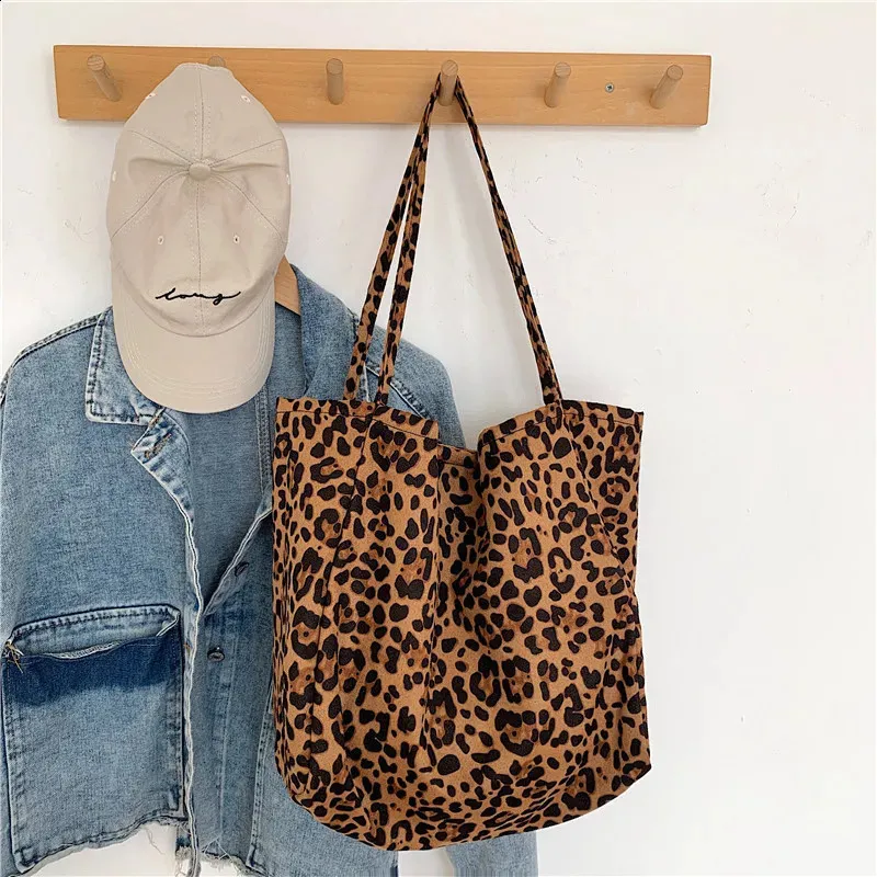 IDEWO Corduroy Leopard Print Tote Bag - Soft Lightweight Large Shoulder Purse For Women