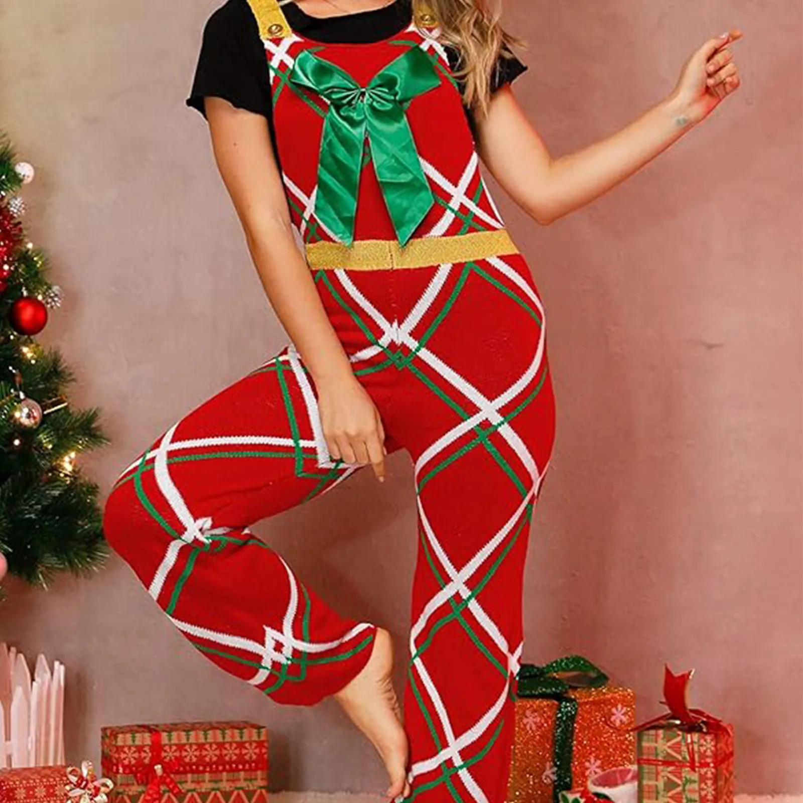 Festive Christmas Jumpsuit for Women Big Bow, Striped Plaid