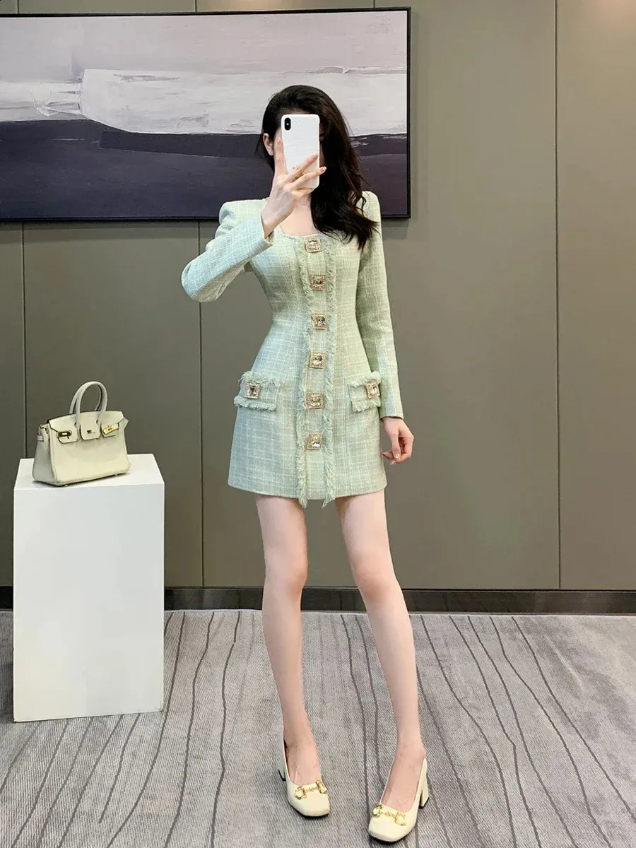 Elegant tweed Long Sleeve tweed dress with Drill Buckle and Square Collar for Women - Slim-fit Woolen Spring tweed dress (Style #240824) Elegant tweed Long Sleeve tweed dress with Drill Buckle and Square Collar for Women - Slim-fit Woolen Spring tweed dress (Style #240824)