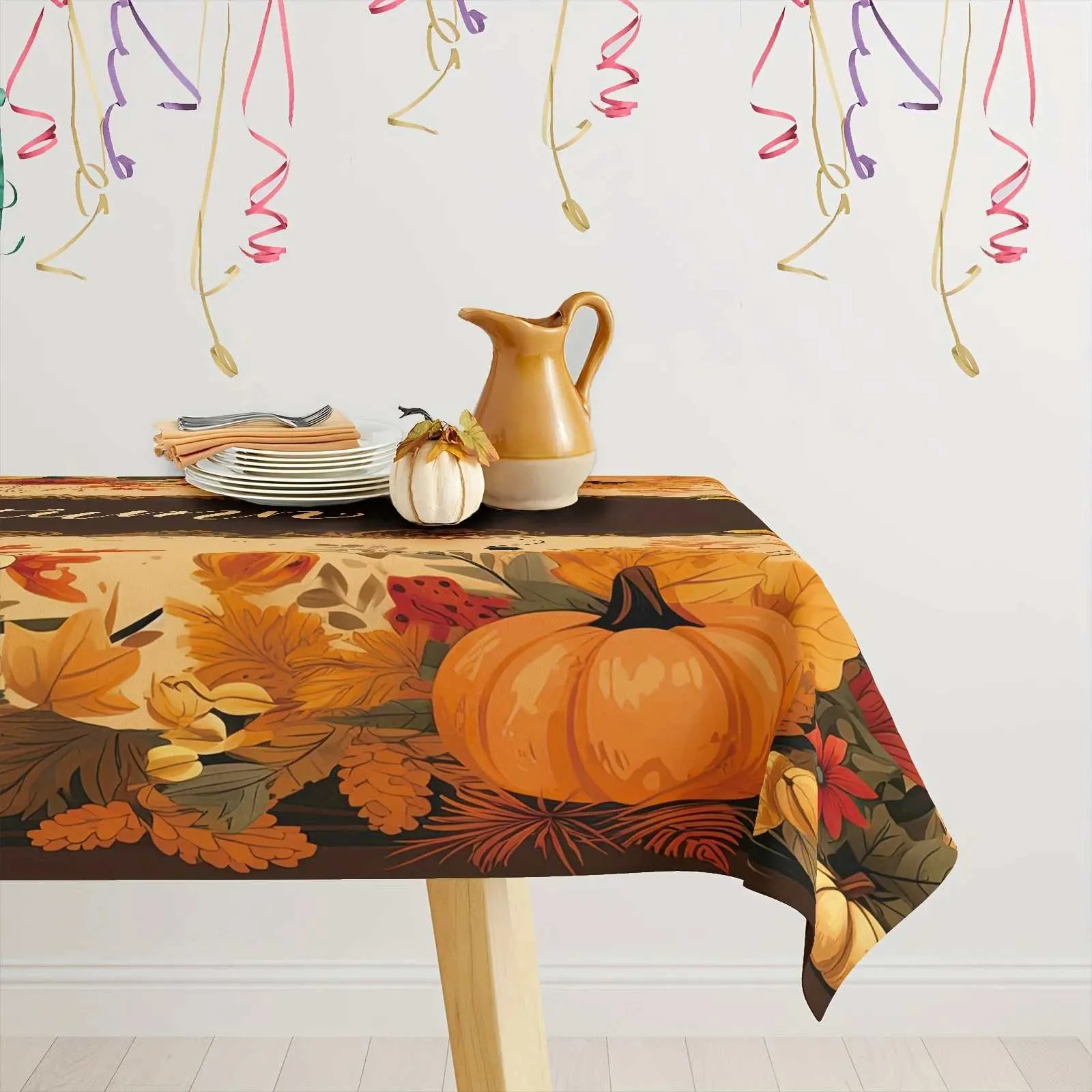 Fall Thanksgiving Tablecloth - Hello Autumn Pumpkin Maple Leaf Table ...