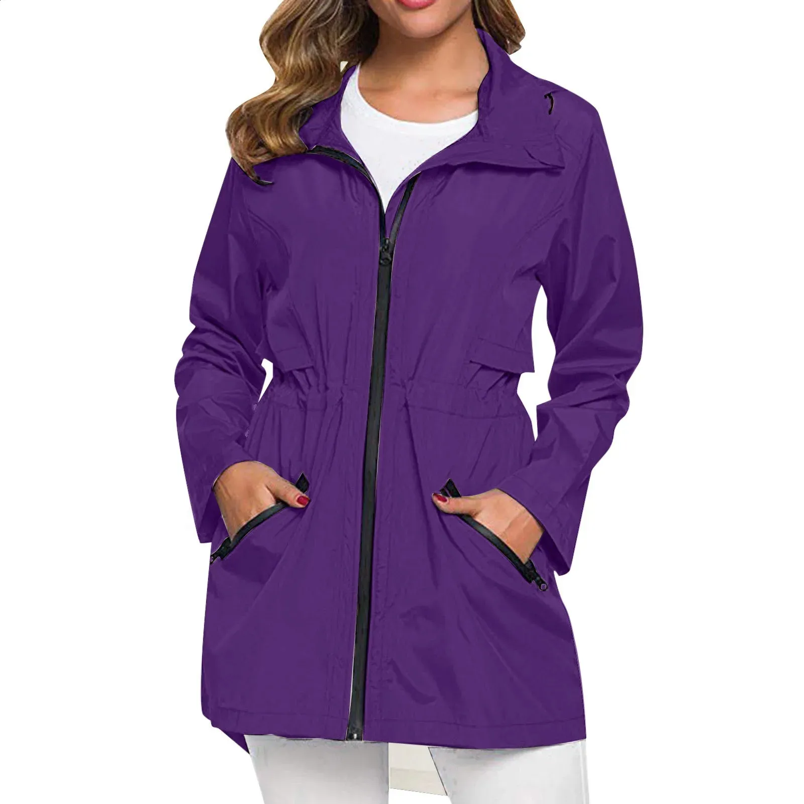 Buy Women Solid Rain Jacket Outdoor Plus Size Waterproof Hooded Windproof Loose Coat At