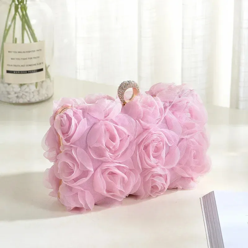 Pink Evening Clutch Purse Roseflower Crystal Ring Handbag For