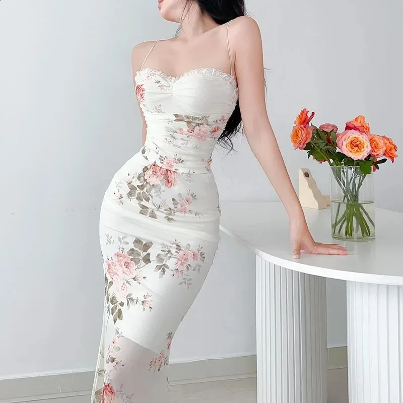 YJ23300SK Elegant Flower Print Suspender Dress - Off Shoulder Backless Midi  Party Dress for Women